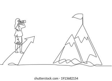 Single One Line Drawing Of Young Smart Businesswoman Looking Goal Target At Top Of The Mount. Business Finance Vision Minimal Concept. Modern Continuous Line Draw Design Graphic Vector Illustration