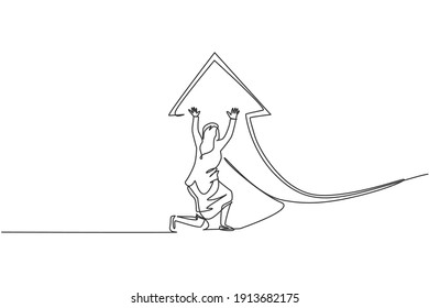 Single one line drawing of young smart businesswoman deflect arrow sign symbol to up direction. Business finance growth minimal concept. Modern continuous line draw design graphic vector illustration