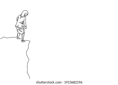 Single one line drawing of young smart businesswoman looking down from top of the hill. Business finance risk management minimal concept. Modern continuous line draw design graphic vector illustration