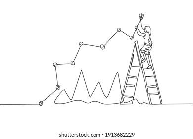 Single one line drawing of young smart businesswoman report sales progress with line graph. Business finance growth minimal concept. Modern continuous line draw design graphic vector illustration