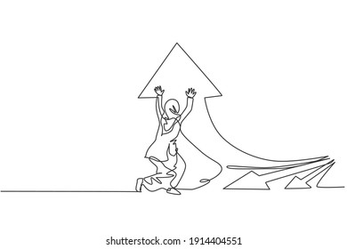 Dibujo de una sola línea de una joven empresaria árabe inteligente que desvía el símbolo de flecha hacia las ventas de crecimiento. Concepto mínimo de crecimiento empresarial. Ilustración de líneas continuas moderna de diseño gráfico vectorial