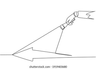 Single One Line Drawing Of Young Smart Male Employee Light The Arrow Path Way Using Flashlight. Business Way Of Success Minimal Concept. Modern Continuous Line Draw Design Graphic Vector Illustration