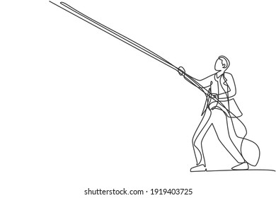 Single one line drawing of young smart male employee pull object on the sky using rope, metaphor. Hard worker manager minimal concept. Modern continuous line draw design graphic vector illustration