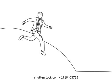Single one line drawing young sporty male employee running to get to the office. Business manager chasing target, metaphor minimal concept. Continuous line draw design graphic vector illustration