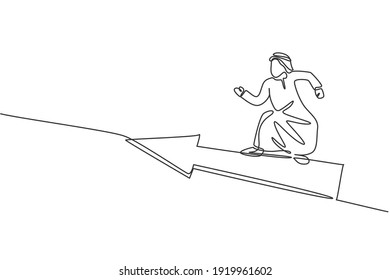 Single one line drawing of young Arabian male entrepreneur flying with forward arrow symbol. Fast business growth minimal concept. Modern continuous line draw design graphic vector illustration