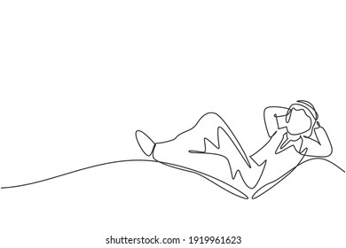 Single one line drawing young Arab male investor entrepreneur sleeping relax to dream his investments. Business growth minimal concept. Modern continuous line draw design graphic vector illustration