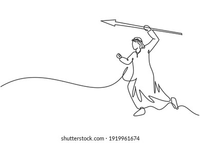 Single one line drawing of young attractive Arab male entrepreneur hit the business target using spear. Business goal minimal concept. Modern continuous line draw design graphic vector illustration