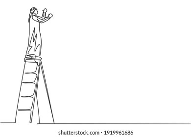 Single one line drawing of young Arabic male handyman fixing the broken wall using ladder. Repairman property fixing minimal concept. Modern continuous line draw design graphic vector illustration