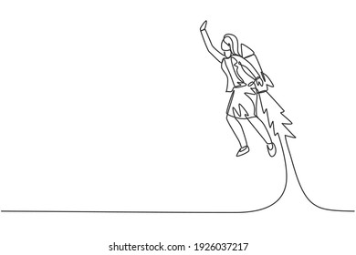 Single one line drawing of young smart business woman flying high using jetpack to reach goal. Business sales growth minimal concept. Modern continuous line draw design graphic vector illustration