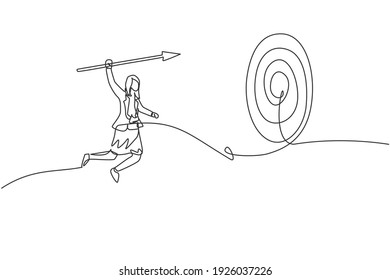Eine einzige Zeile, die junge intelligente Geschäftsfrau zeichnet, die hoch springt, um mit Pfeilspeer Ziel zu treffen. Business Sales Wachstum minimales Konzept. Modern-Stetig-Liniendesign, Vektorgrafik