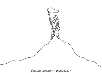 Single one line drawing of young smart business woman plant flag on the top of mountain. Business sales growth success minimal concept. Modern continuous line draw design graphic vector illustration