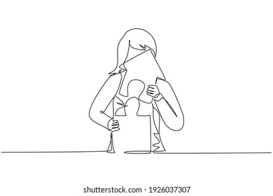 Single One Line Drawing Of Young Smart Business Woman Build Puzzle Into House Arrow Building. Business Sales Growth Up Minimal Concept. Modern Continuous Line Draw Design Graphic Vector Illustration