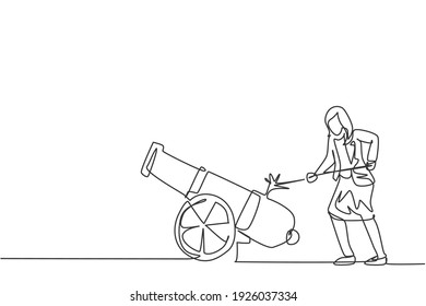 Single one line drawing of young smart business woman fire on cannon ball weapon. Business sales growth metaphor minimal concept. Modern continuous line draw design graphic vector illustration