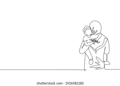 Single one line drawing of young Arabian mom carrying her sleepy boy go to the bedroom vector illustration. Happy Islamic muslim family parenting concept. Modern continuous line graphic draw design