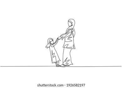 Single one line drawing young Arabian mom   daughter holding hand  playing together vector illustration  Happy Islamic muslim family parenting concept  Modern continuous line graphic draw design