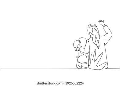 Single one line drawing young Arabian father and his daughter sitting and talk together vector illustration. Happy Islamic muslim family parenting concept. Modern continuous line graphic draw design