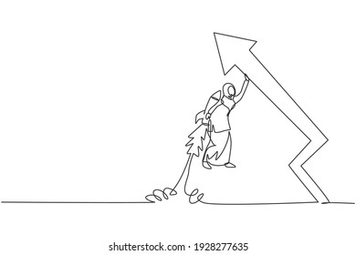 Single one line drawing young Arabian businesswoman flying high using jetpack to rise sales arrow graph. Business growth minimal concept. Modern continuous line draw design graphic vector illustration