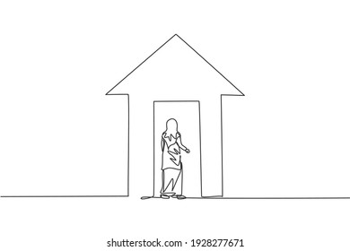 Single one line drawing of young Arabian businesswoman enter the up arrow building. Business financial growth metaphor minimal concept. Modern continuous line draw design graphic vector illustration