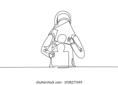 Single one line drawing of young Arabian businesswoman build puzzle into up house building. Business financial growth minimal concept. Modern continuous line draw design graphic vector illustration