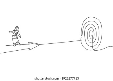 Single one line drawing young Arabian businesswoman riding forward arrow to hit goal target. Business financial growth minimal concept. Modern continuous line draw design graphic vector illustration