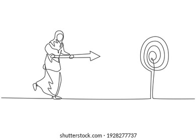 Single one line drawing young Arabian businesswoman running to hit target using arrow spear. Business financial growth minimal concept. Modern continuous line draw design graphic vector illustration
