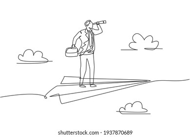 Dibujo de una sola línea de un joven hombre de negocios inteligente que vuela con aviones de papel mientras analiza el mercado de valores. Concepto de metáfora empresarial. Dibujo continuo de líneas. Ilustración vectorial gráfica de diseño mínimo