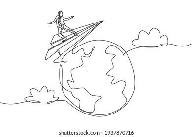 Single one line drawing young smart business man flying with paper airplane around the world. Business trip metaphor concept. Modern continuous line draw. Minimal design graphic vector illustration