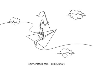 Single one line drawing of young businesswoman flying with paper plane and holding winning flag. Business goal. Metaphor minimal concept. Modern continuous line draw design graphic vector illustration