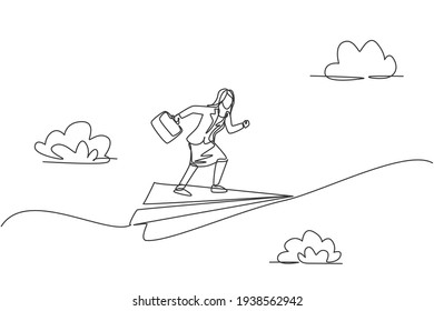 Single one line drawing young businesswoman flying on paper airplane ready to chase business target. Business vision. Metaphor minimal concept. Continuous line draw design graphic vector illustration