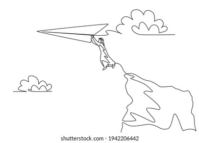 Dibujo de una sola línea de un joven hombre de negocios árabe saltando desde la cima del acantilado para llegar a un avión de papel. Concepto de metáfora de la visión empresarial. Ilustración de líneas continuas moderna de diseño gráfico vectorial