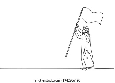 Dibujo de una sola línea de un joven hombre de negocios árabe sosteniendo la bandera ganadora como objetivo de logro. Concepto de metáfora mínima de misión empresarial. Ilustración de líneas continuas moderna de diseño gráfico vectorial
