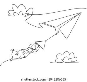 Single one line drawing of young Arabian business woman hanging on paper airplane. Business challenge minimal metaphor concept. Modern continuous line draw design graphic vector illustration