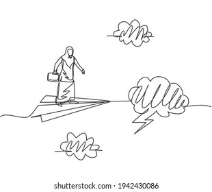 Single one line drawing of young Arab business woman on flying paper plane through storm. Business challenge. Minimal metaphor concept. Modern continuous line draw design graphic vector illustration
