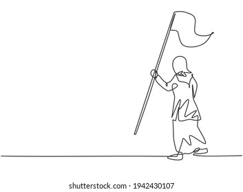 Single one line drawing of young Arab business woman holding winning flag. Business achievement goal. Minimal metaphor concept. Modern continuous line draw design graphic vector illustration