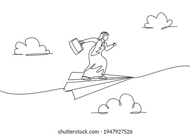 Single one line drawing young Arab business man flying on paper plane and pose ready to run. Business mission minimal metaphor concept. Modern continuous line draw design graphic vector illustration