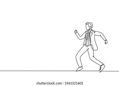 Einzelzeichnung eines jungen Geschäftsmanns, der auf der Straße geht, um in sein Büro zu gehen. Metapher für Business Time Disziplin. Modern-Stetig-Liniendesign, Vektorgrafik