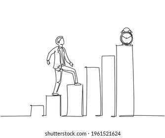 Single one line drawing of young business man walking on the graph bar to reach alarm clock. Business time discipline metaphor concept. Modern continuous line draw design graphic vector illustration