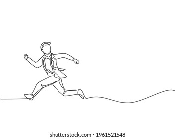 Dibujo de una sola línea de un joven empresario corriendo perseguido por el plazo de trabajo. Concepto de metáfora de la disciplina del tiempo de negocios. Ilustración de líneas continuas moderna de diseño gráfico vectorial