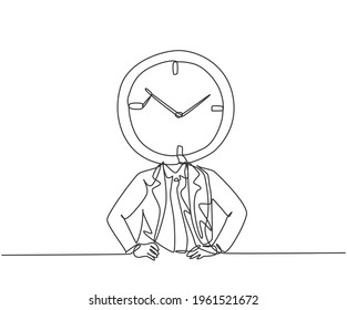 Single one line drawing of young business man with analog clock head at the office. Business time discipline metaphor concept. Modern continuous line draw design graphic vector illustration