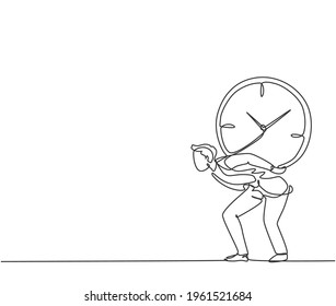 Single one line drawing of young business man shouldered heavy big analog clock with his back. Business time discipline metaphor concept. Modern continuous line draw design graphic vector illustration