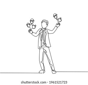 Einzeilige Zeichnung eines jungen Geschäftsmannes, der mit seiner Hand einen analogen Wecker jongliert. Metapher für Business Time Disziplin. Modern-Stetig-Liniendesign, Vektorgrafik
