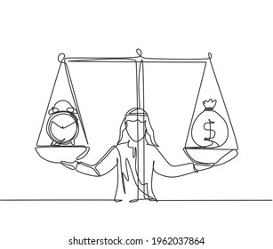 Single one line drawing of young Arabian business man weight money bag and clock with scale. Minimalism metaphor business deadline concept.  Continuous line draw design graphic vector illustration.