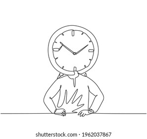 Single one line drawing of young Arabian business man with analog clock head at the office. Business time discipline metaphor concept. Modern continuous line draw design graphic vector illustration.