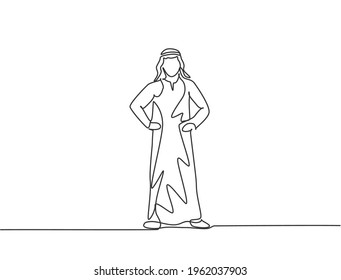 Single one line drawing of young Arabian business man standing on the street thinking of business. Minimalism metaphor business vision concept. Continuous line draw design graphic vector illustration.