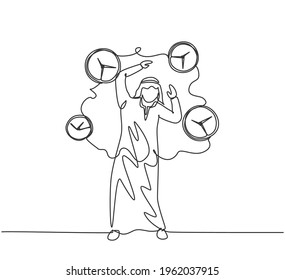 Single one line drawing of young stressful Arabian business man surrounded by flying clocks. Minimalism metaphor business deadline concept. Continuous line draw design graphic vector illustration.