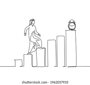 Single one line drawing of young Arabian business man walking on the graph bar to reach alarm clock. Business challenge metaphor concept. Modern continuous line draw design graphic vector illustration