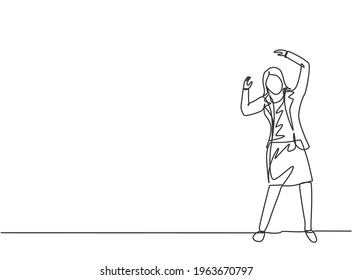 Single one line drawing of young business woman standing on the street raise her hand. Happy celebrate achievement. Minimalism metaphor concept. Continuous line draw design graphic vector illustration