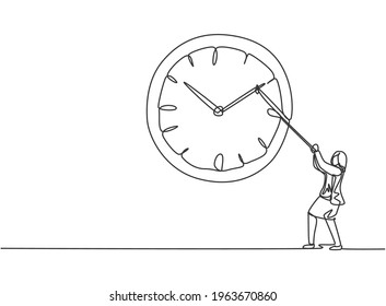 Single one line drawing of young business woman pulling clockwise of big analog wall clock with rope. Time management minimalist concept. Continuous line draw design graphic vector illustration.