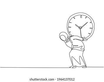 Single one line drawing of young Arabian business woman shouldered heavy big analog clock with her back. Business discipline metaphor concept. Continuous line draw design graphic vector illustration.