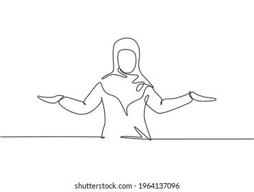 Single one line drawing of young Arabian business woman stretched out her arms. Business presentation to find out solution minimalist concept. Continuous line draw design graphic vector illustration.